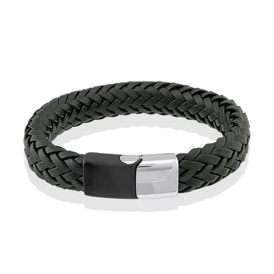 Braid Bracelet (No Stones) in Stainless Steel - Leather Black