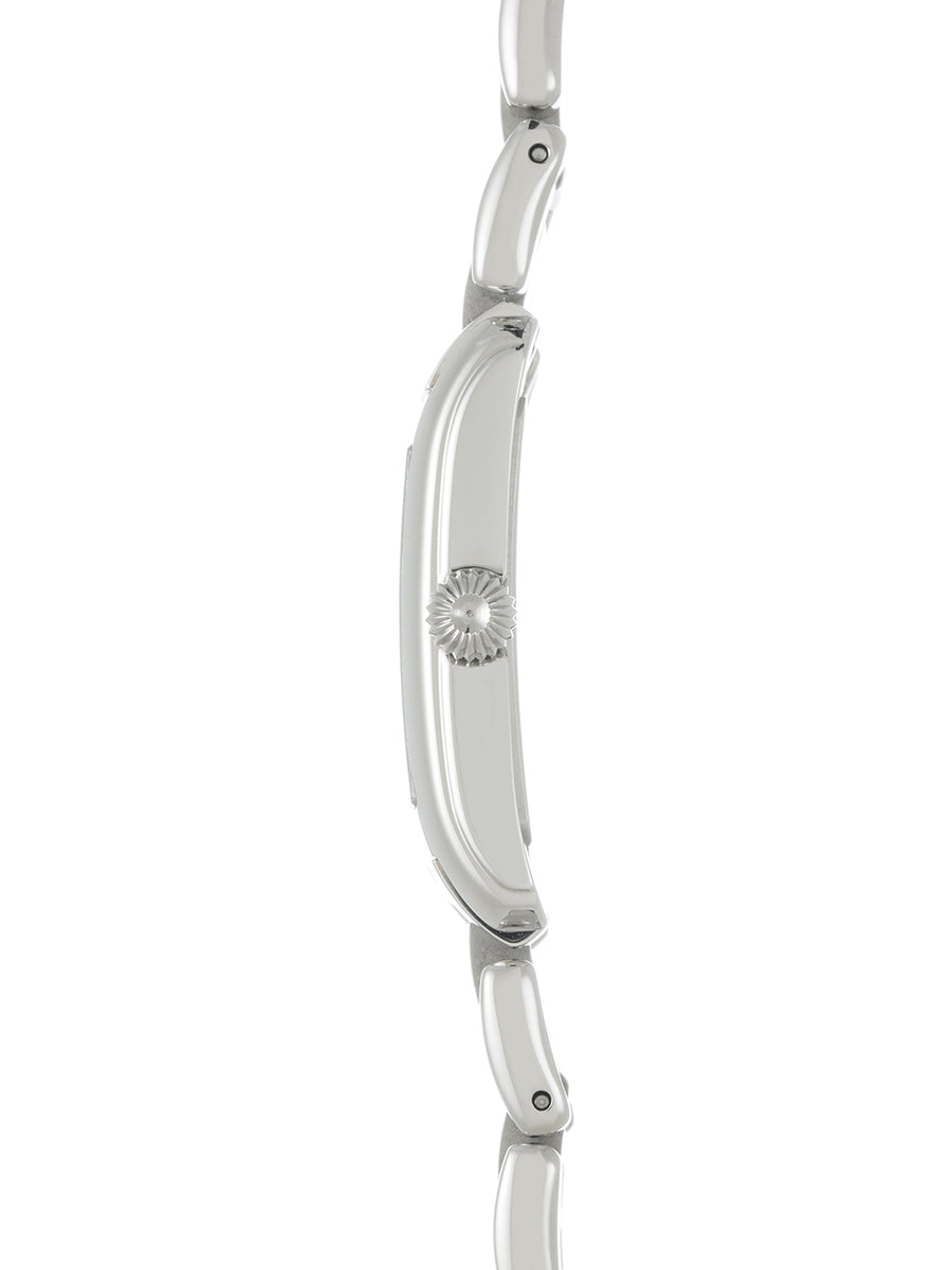 Stainless steel watch side view, screw-locked crown.