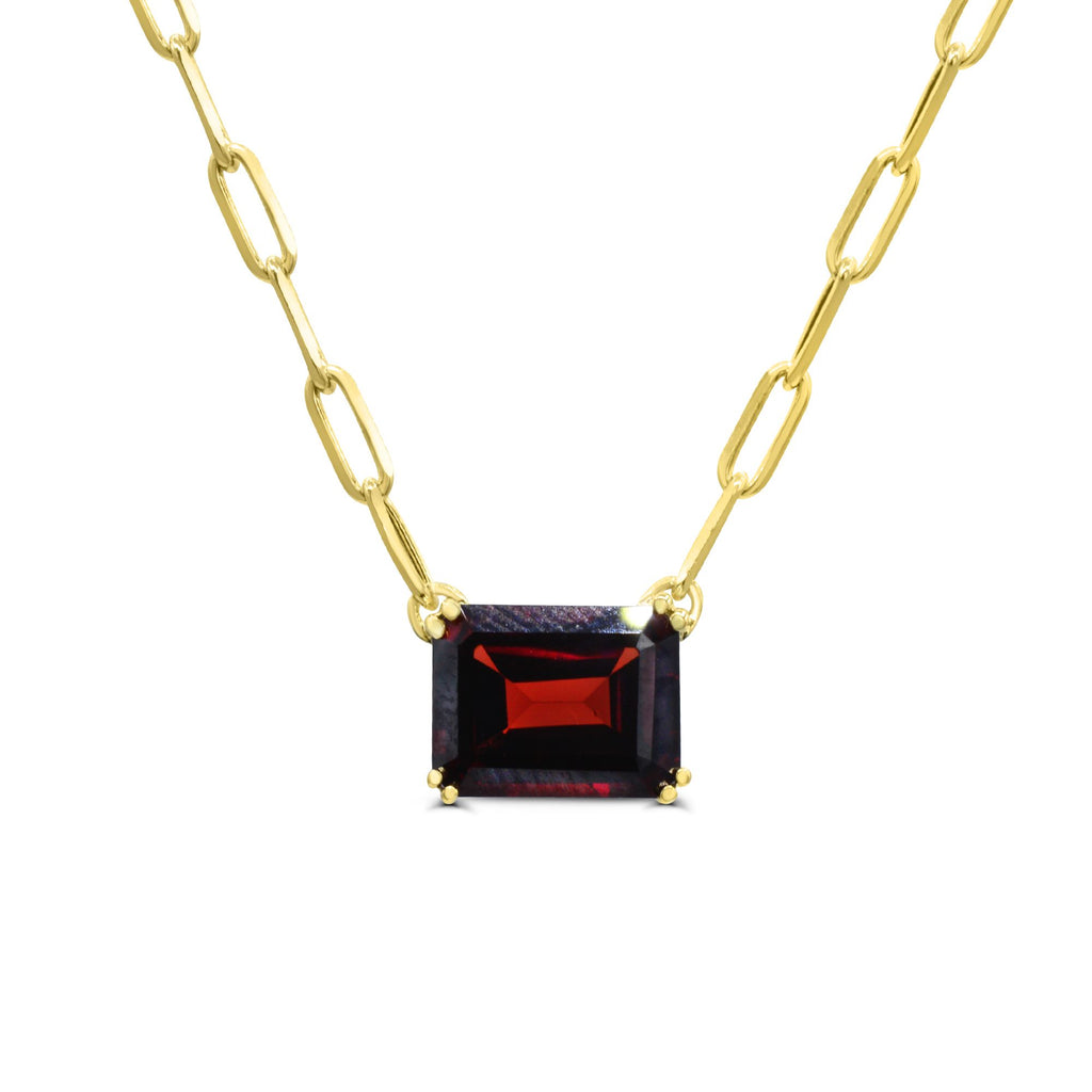 Emerald garnet pendant on paperclip chain.