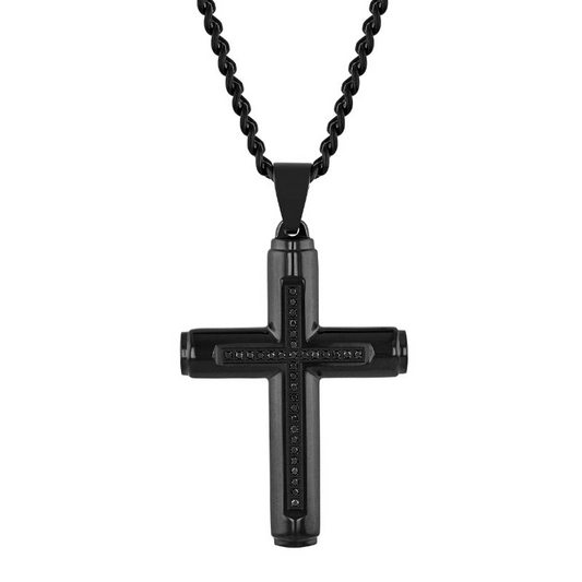 Black stainless steel cross necklace with diamonds.