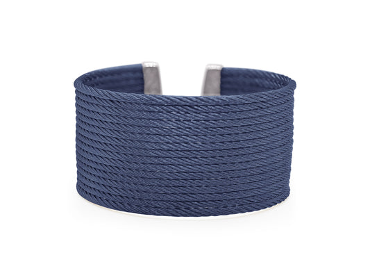Blue stainless steel cable cuff bracelet.
