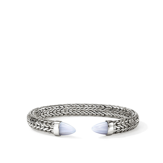 John Hardy Spear 50 Collection Cuff Color Gemstone Bracelet in Sterling Silver White with 2 Triangular Blue Agates