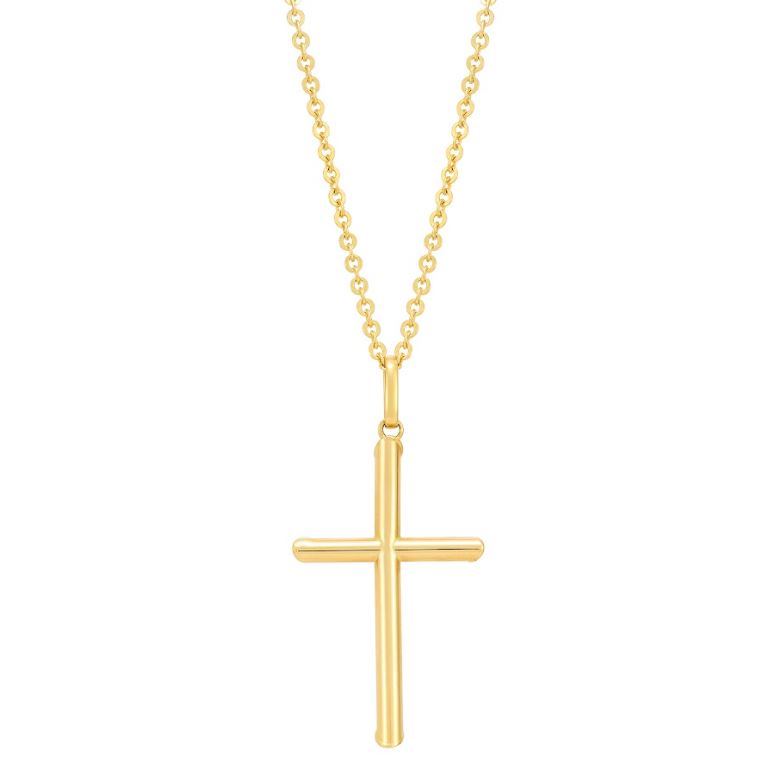 14K yellow gold cross necklace, diamond-cut chain.