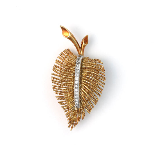 ReMarkable Estate Leaf Pin with Diamonds in 18 Karat Yellow Gold