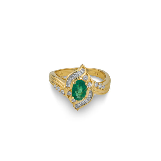 14K Yellow Gold Oval Emerald and Diamond Ring - Size 7