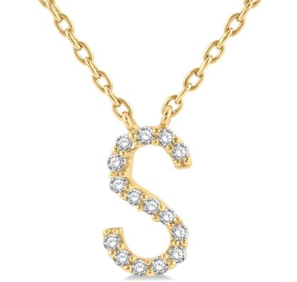 Yellow gold initial necklace with round diamonds.
