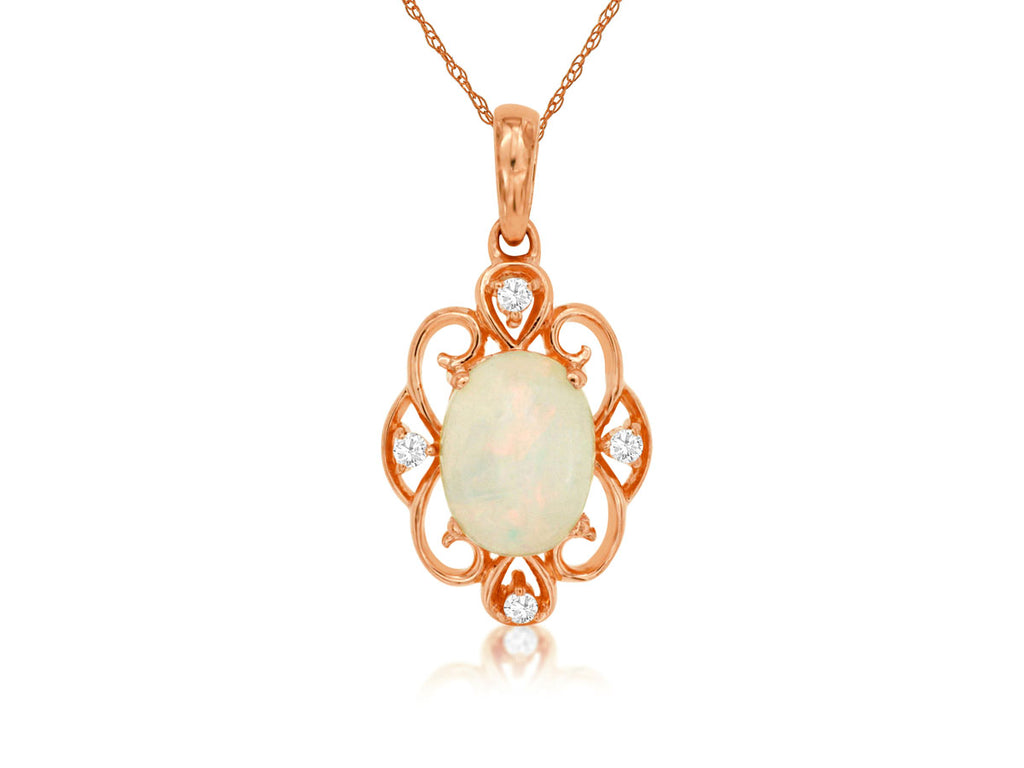 Rose gold opal pendant with diamond accents.