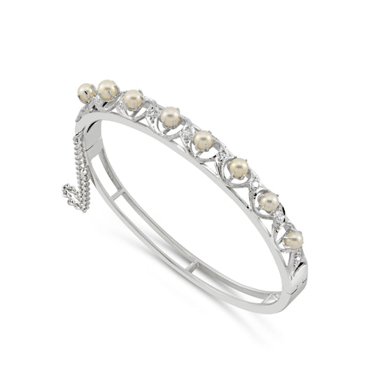 14K White Gold Pearl and Diamond Bangle Bracelet