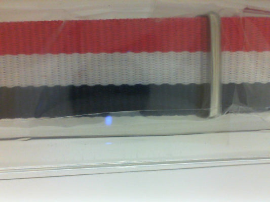 Red, white, black striped nylon watch band.