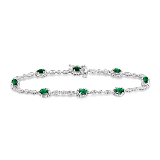 Fancy Link Color Gemstone Bracelet in 14 Karat White with 8 Oval Emeralds 3mm-5mm