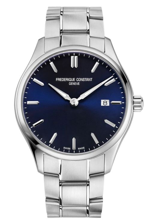 Dark blue dial, stainless steel watch.