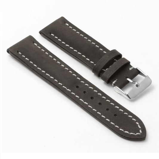 Brown leather watch band with white stitching.