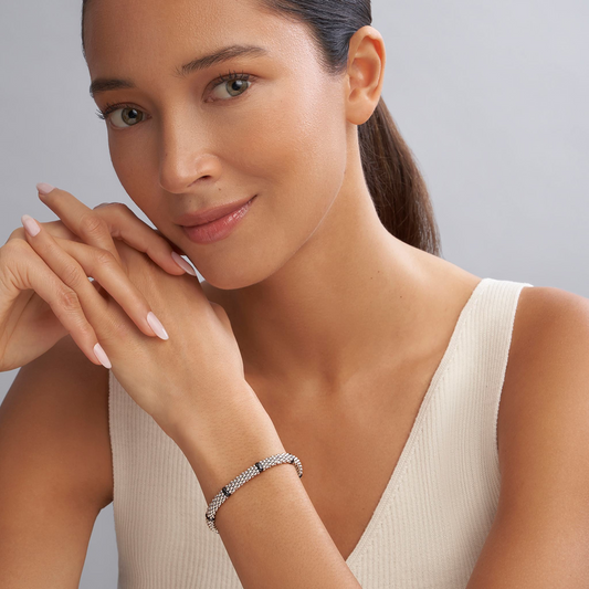 Black Caviar Collection Caviar Bracelet (No Stones) in Sterling Silver - Ceramic White - Black