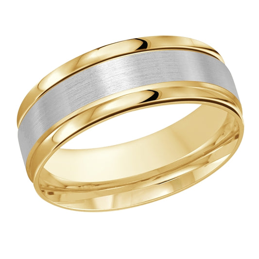 Dual-tone carved gold band, polished and satin.