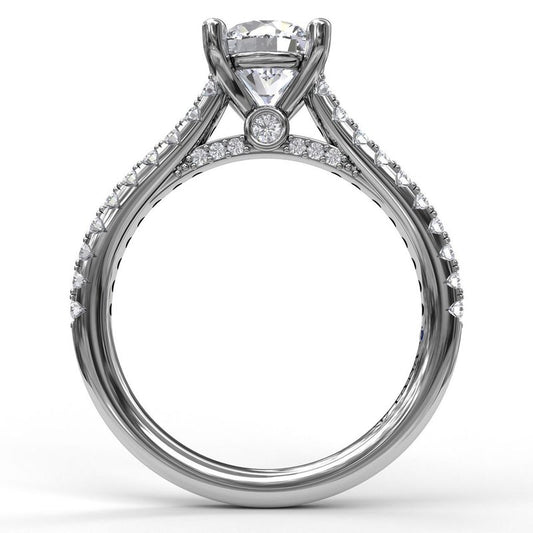 Side Stone Natural Diamond Semi-Mount Engagement Ring in 14 Karat White with 34 Round Diamonds, Color: G/H, Clarity: SI1, totaling 0.31ctw