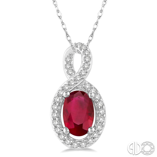 Pendant Color Gemstone Necklace in 10 Karat White with 1 Oval Ruby 6mm-6mm