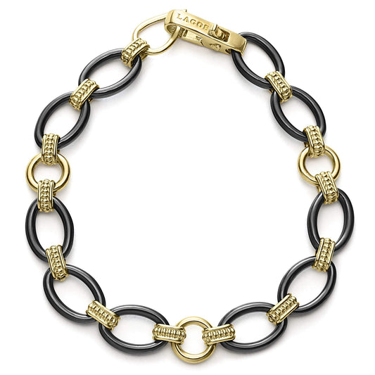 Gold & Black Caviar Collection Open Link Bracelet (No Stones) in Ceramic - 18K Black - Yellow