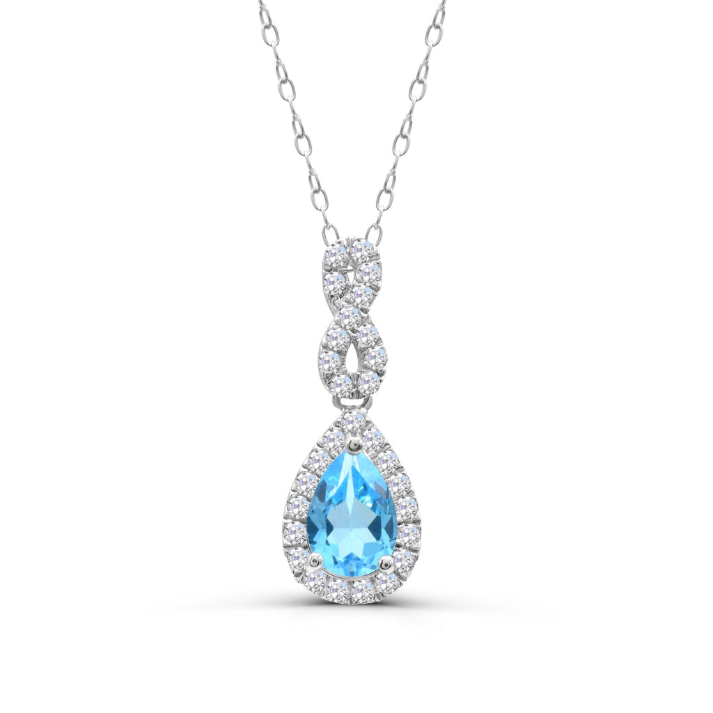 Pear-shaped blue topaz pendant with zircons.