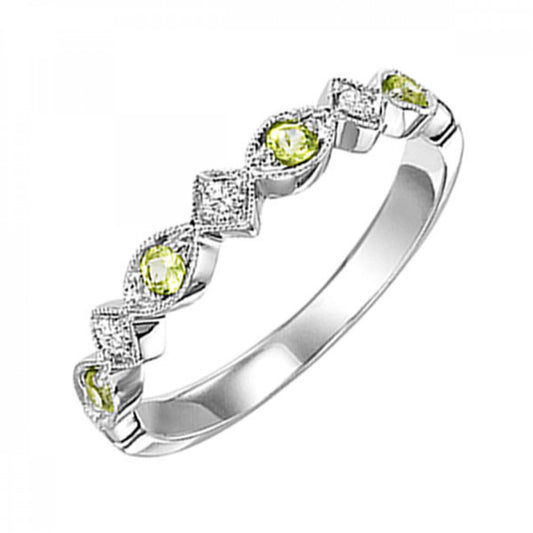 White gold band with peridot gemstones.