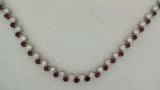 Color Gemstone Necklace in 14 Karat White with 94 Round Rubies 8.16ctw