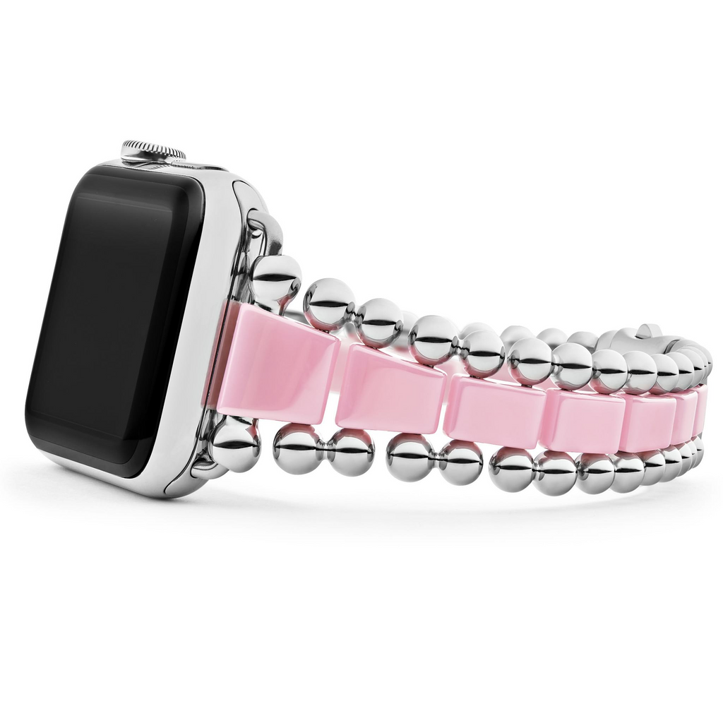Pink ceramic and stainless steel watch band.