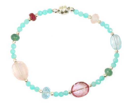 Station Color Gemstone Bracelet in Sterling Silver White Unique Pink Topaz