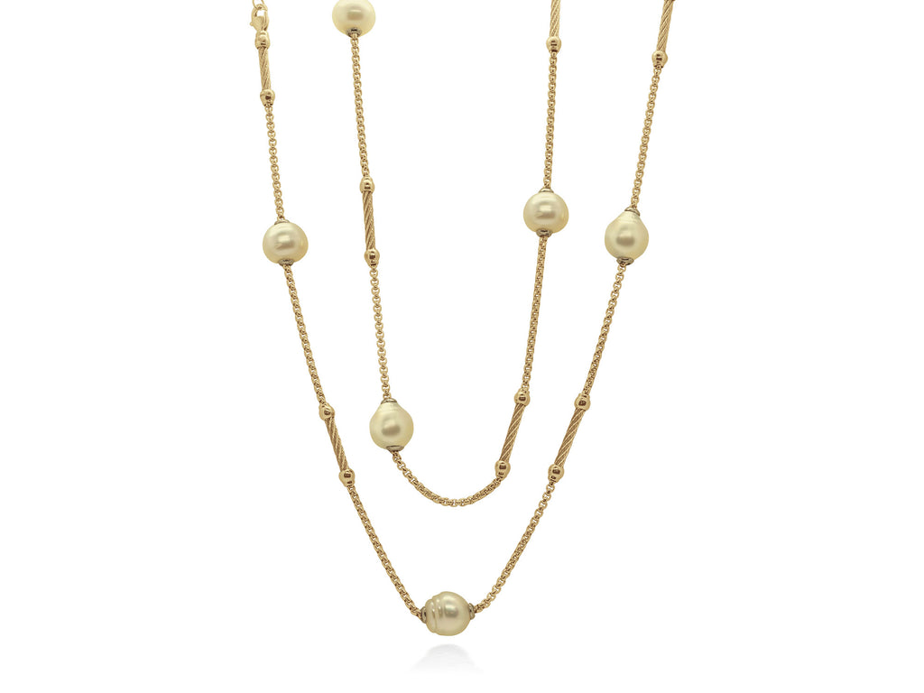 Station Color Gemstone Necklace in Stainless Steel Yellow with 8 South Sea Pearls 11mm-12mm