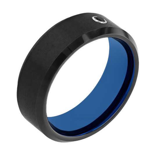 Black tungsten band with round black diamond.