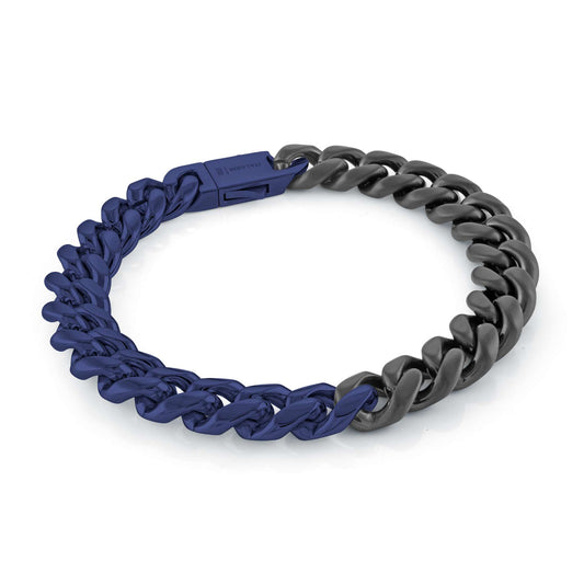 Blue stainless steel curb link bracelet.