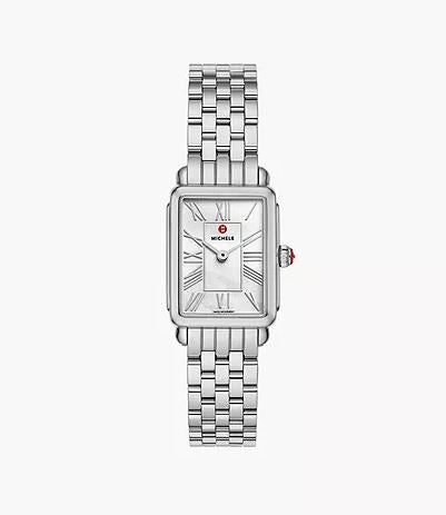 Stainless steel watch with mother of pearl dial.