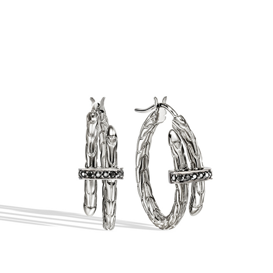 John Hardy Spear Collection Medium Hoop Color Gemstone Earrings in Sterling Silver White with 16 Round Black Sapphires