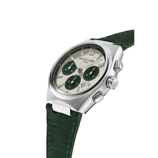 Green dial, stainless steel, leather strap, chronograph.