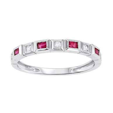 Semi-Precious Color Collection Stackable Color Gemstone Band in 10 Karat White with 4 Baguette Rubies 0.12ctw