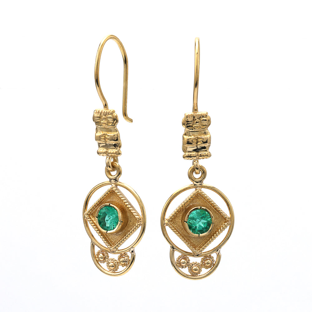 18K gold dangle earrings with emeralds.