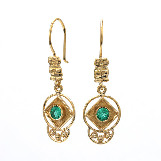 18K gold dangle earrings with emeralds.