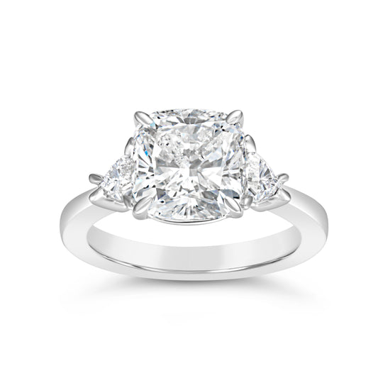 Three Stone Lab-Grown Diamond Complete Engagement Ring in 14 Karat White with 4.09ctw G VS1 Square Cushion Lab Grown Diamond
