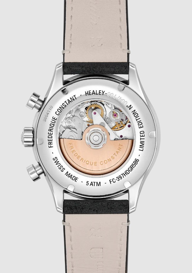 Watch back with visible automatic movement.