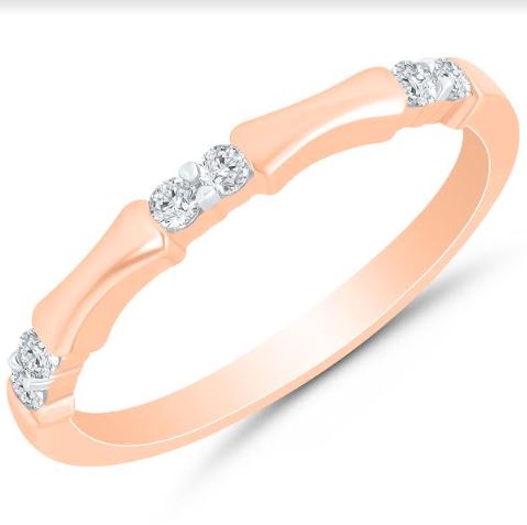 Rose gold ring with six round diamonds.