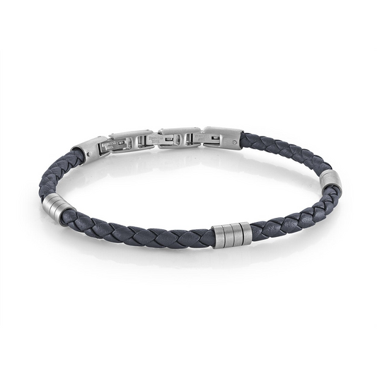 Braid Bracelet (No Stones) in Stainless Steel - Leather Dark Blue
