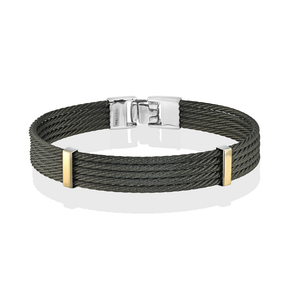 Black and yellow stainless steel cable bracelet.