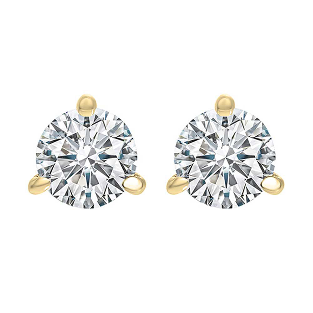 Round diamond studs with yellow gold prongs.