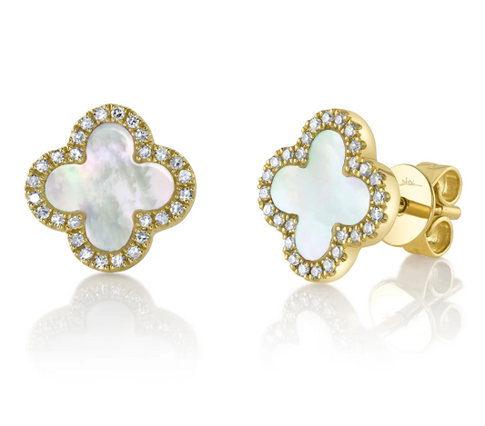 Shy Creations Stud Natural Diamond Earrings in 14 Karat Yellow Gold with 0.81ctw Clover Mother Of Pearls