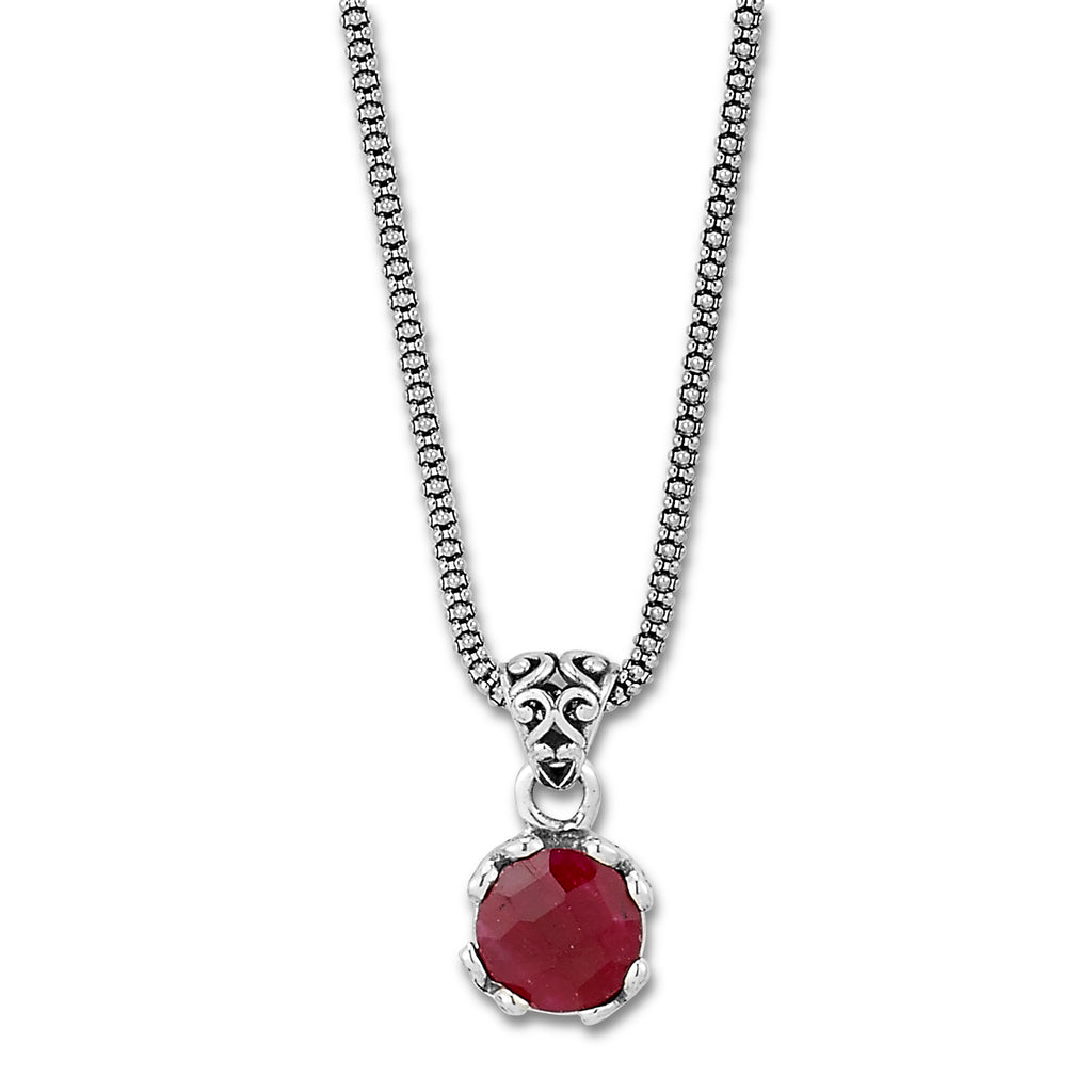 Pendant Color Gemstone Necklace in Sterling Silver White with 1 Round Ruby 7mm-7mm