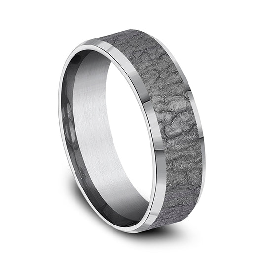 Tantalum grey carved band with textured finish.
