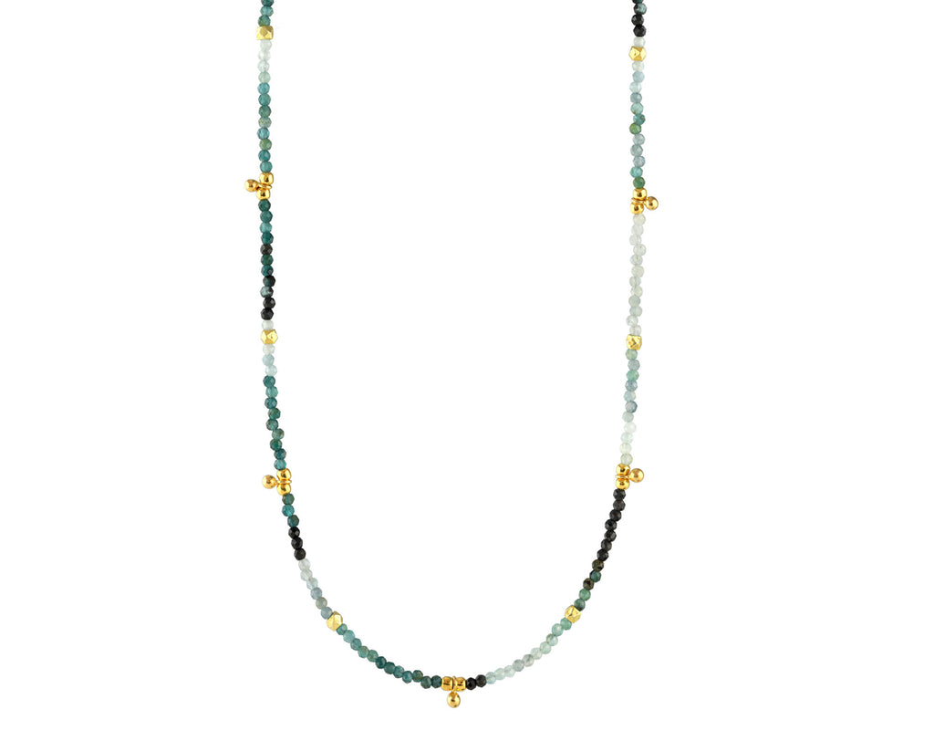 Grandidierite bead necklace with gold accents.