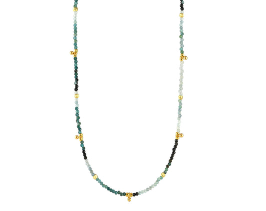 Grandidierite bead necklace with gold accents.