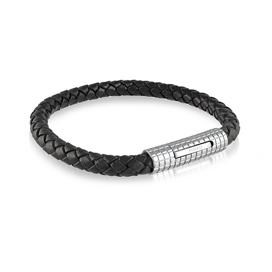 Braid Bracelet (No Stones) in Stainless Steel - Leather White - Black