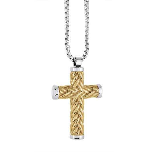 Gold weave design cross necklace, stainless steel.