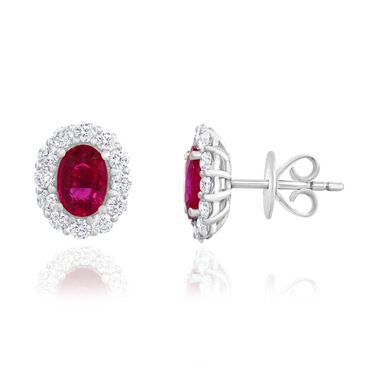 JEWELS BY JACOB Stud Color Gemstone Earrings in 18 Karat White with 2 Oval Rubies 0.90ctw