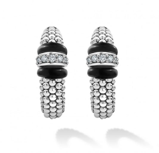 Black Caviar Collection Medium Hoop Earth Mined Diamond Earrings in Sterling Silver - Ceramic White - Black with 0.21ctw Round Diamond